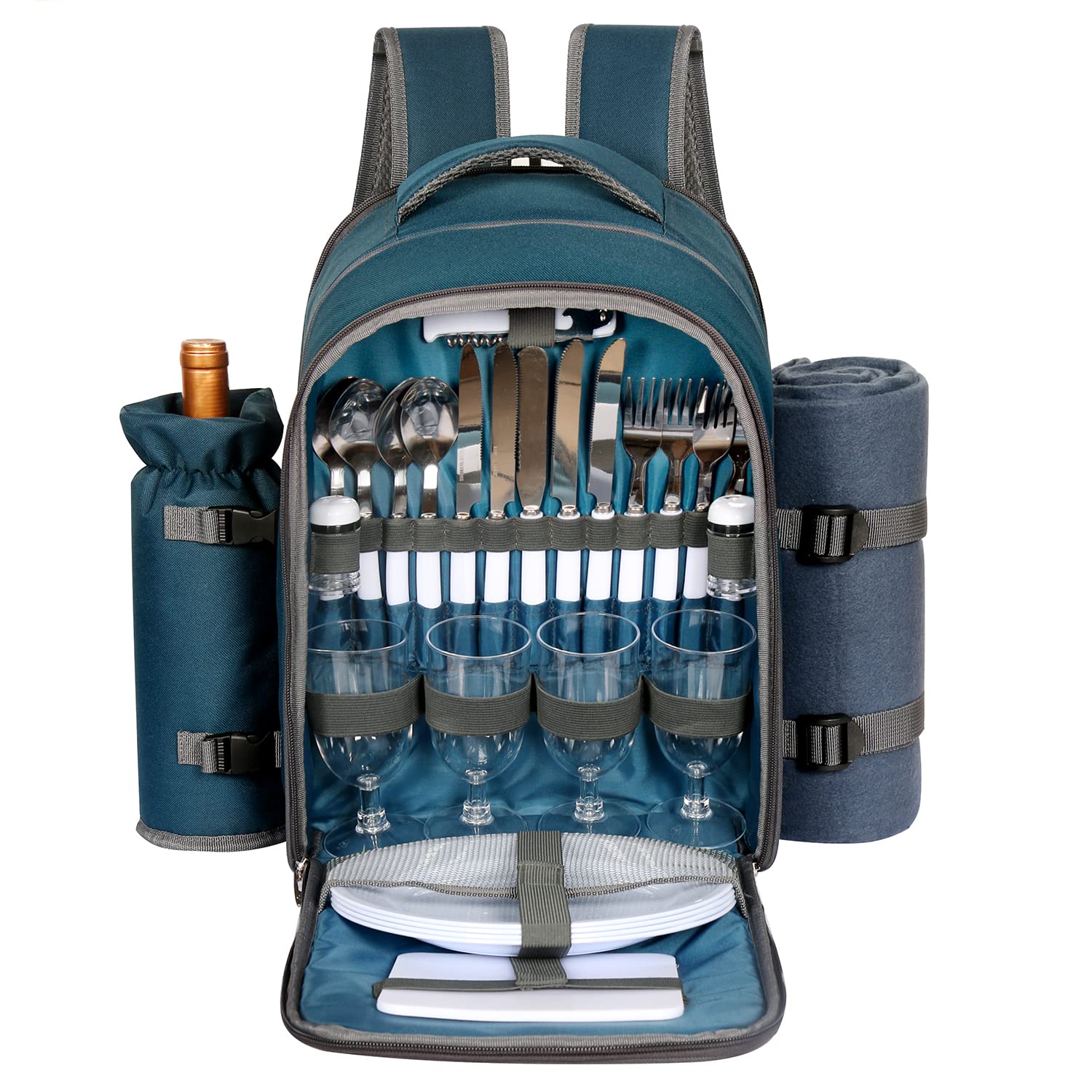 Hap Tim Picnic Basket Backpack for 4 With Blanket, Wine Holder, Cooler Compartment, Cutlery Set - Couples Gift, Mr & Mrs, Bridal Shower, Wedding Registry - Blue (3065-BL)