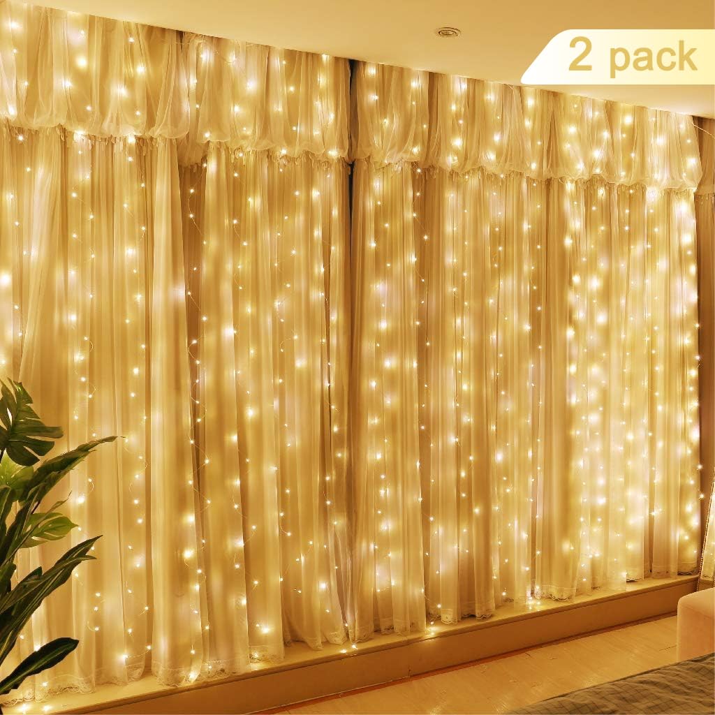 Fairy Curtain Lights, AmazerTec 300 LED Window Curtain String Light Wedding Party Home Garden Bedroom Outdoor Indoor Wall Decorations (Warm White-2pack)