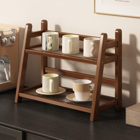Coffee Station Organizer,2 Tier Bamboo Mug Holder Countertop, Kitchen Counter Shelf for Tea Coffee Bar Accessories, Matcha Stand, Cup Display, Condiment Storage Rack(Brown)