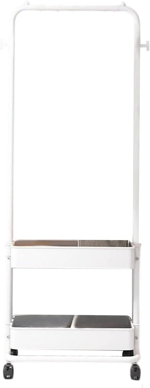 3-in-1 Garment Rack with 2 Tiers Basket and Side Hooks Movable Storage Cart Sturdy Carbon Steel PP Space Saving Organizer for Living Room Bedroom Dressing Entryway Indoor Hallway Laundry Office Studen