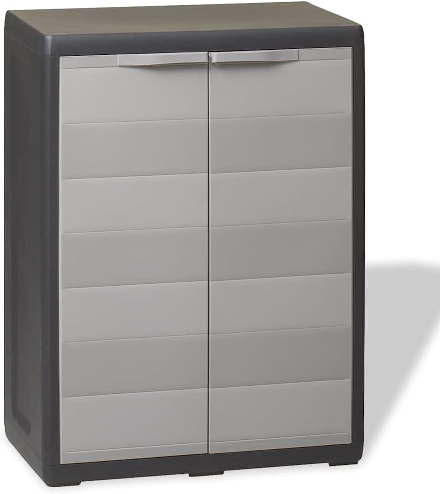 Garden Storage Cabinet Black and Grey with 1 Adjustable Ventilated Shelf Lockable Outdoor Polypropylene Cupboard for Patio Garage Entryway Organizer