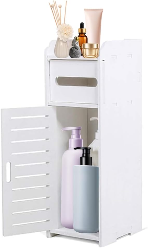 Bathroom Storage Cabinet, Small Bathroom Organizer Shelf with 2 Shelves, Compact Floor Standing Cabinet for Toilet Laundry Kitchen, Narrow Space Saving Organizer, White