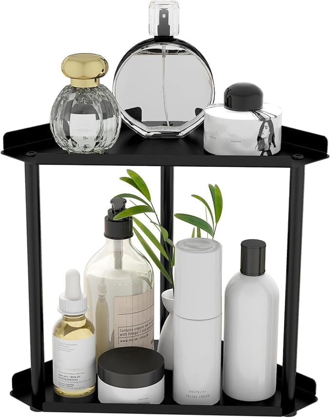 2 Tier Bathroom Counter Organizer, Vanity Organizer Corner Shelf, Skincare, Makeup Countertop Organizers, Kitchen, Bathroom Counter Storage, Black