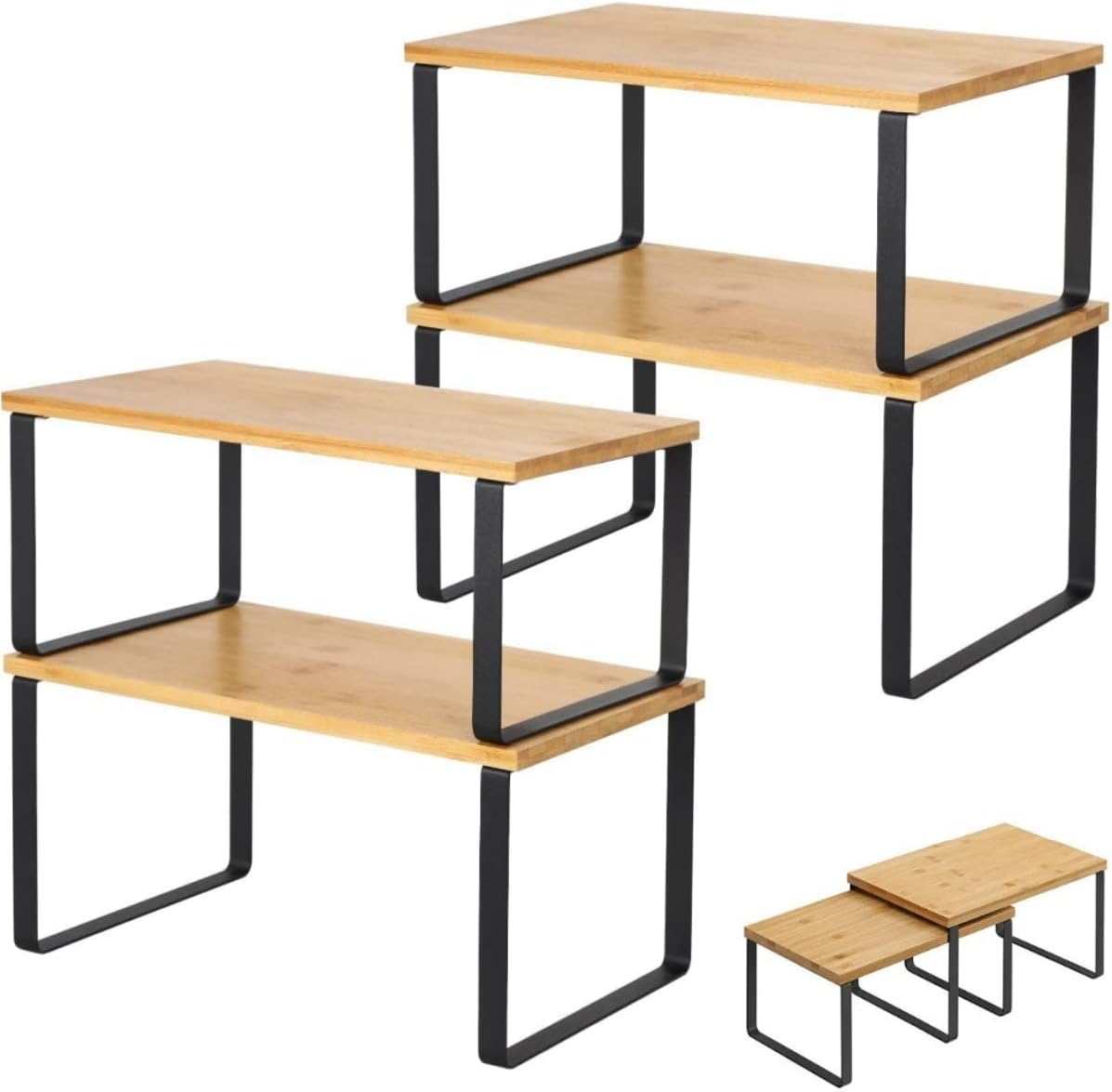 4Pack Expandable Cabinet Shelf Organiser, Stackable Kitchen Counter Shelves Organiser, Wooden Cupboard Stand Spice Rack, Pantry Shelves Cabinet Insert for Kitchen Bathroom