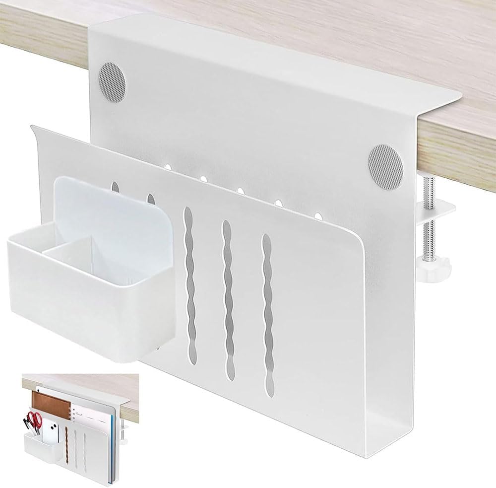 2 in 1 Desk Side Storage, Hanging Desk Organizer with Pen Holder, Clamp-On Desks Shelf, Under Desk Laptop Holder for Office, School, Home White