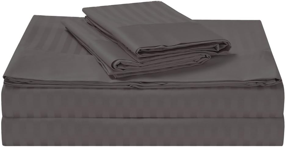 Luxury 1500TC Cotton Rich Stripe Sheet Set Fitted, Flat Sheets and Pillowcase(s) with Decorative Header Charcoal Single