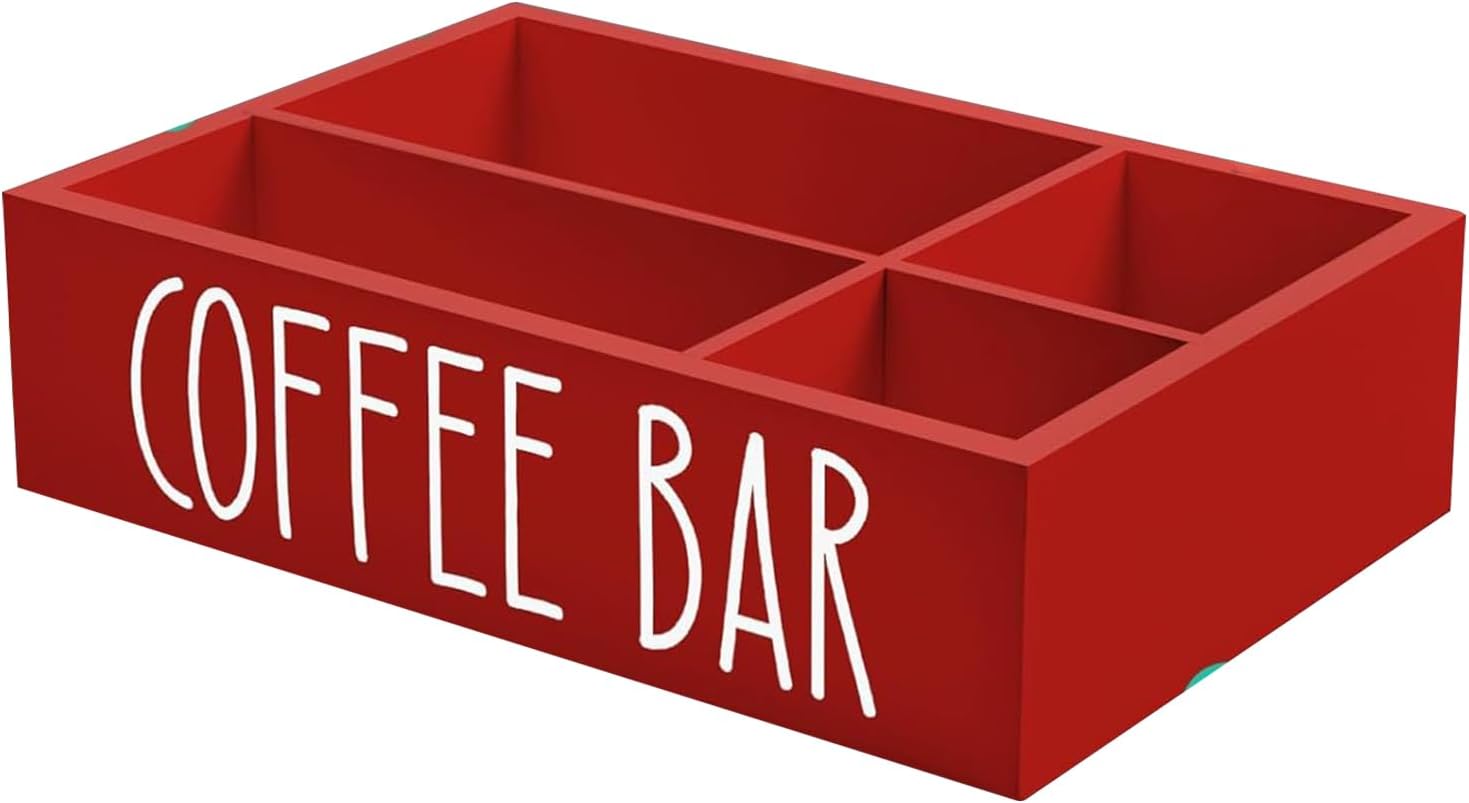 Coffee Bar Organizer, Wooden Tea Storage Box, Removable Dividers, 11.8 Inches Multi Section Design Cups Creamers Pods Packets, for Kitchen, Desk Apartment Bathroom Travel Hotel Use