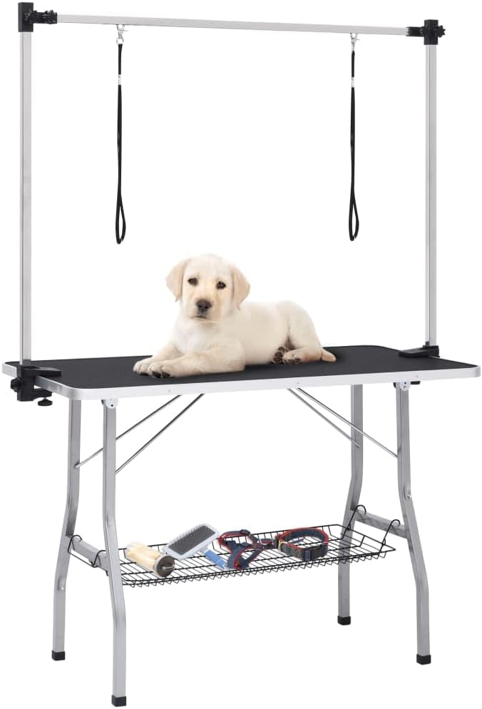 Adjustable Dog Grooming Table with 2 Loops and Basket, Steel and Engineered Wood, 110 x 60 x 76 cm, Foldable Grooming Supply for Pet Dogs and Cats
