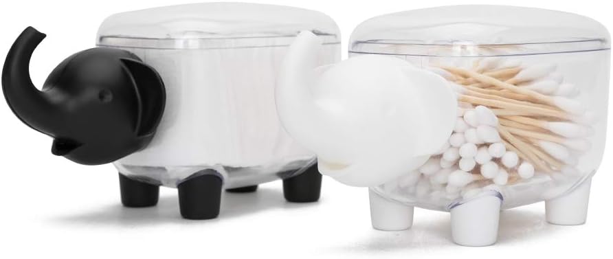 Cotton Ball Holder and Swab Holder Canister Jar, Modern Qtip Toothpick Dispenser Apothecary Organizer with Lids for Girl Cosmetics Bathroom Bedroom 2 Pack (Elephant)