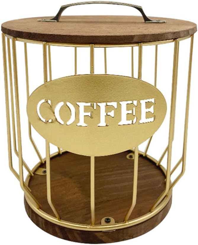 AIMALL Iron Coffee Capsule Storage Basket with Wooden Base – Large Capacity Pod Holder for Kitchen and Living Room, Durable Decorative Organizer