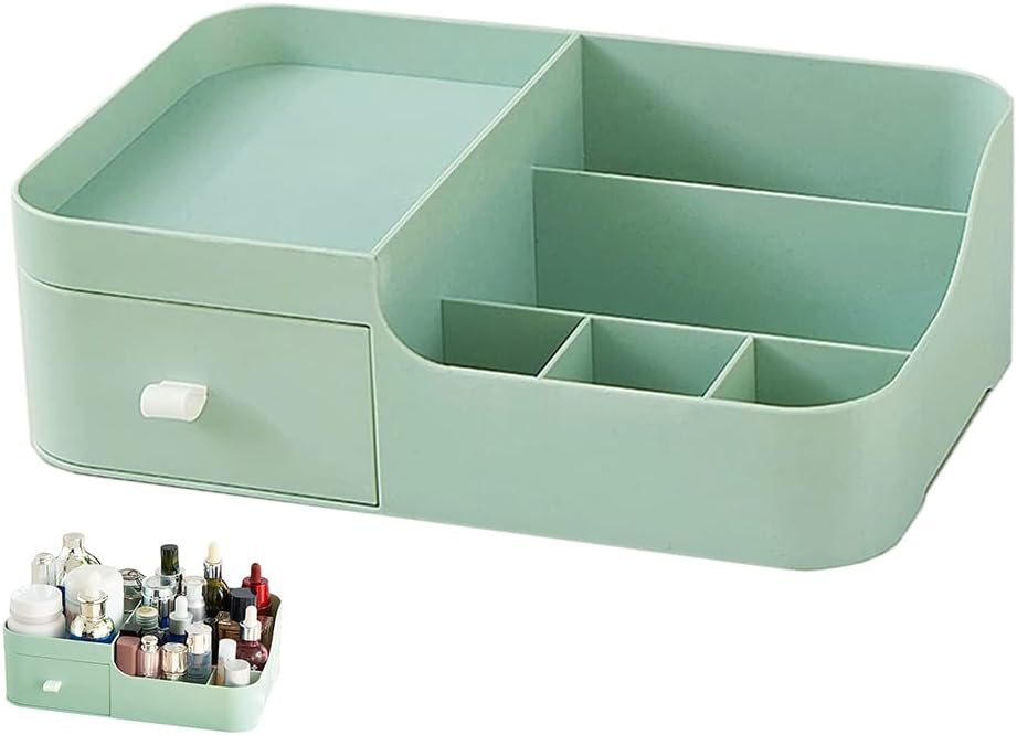 Makeup Organisers with 1 Drawer, Plastic Skincare Storage Box Desk Organiser Display for Bathroom, Bedroom, Home and Office, Green (Small)