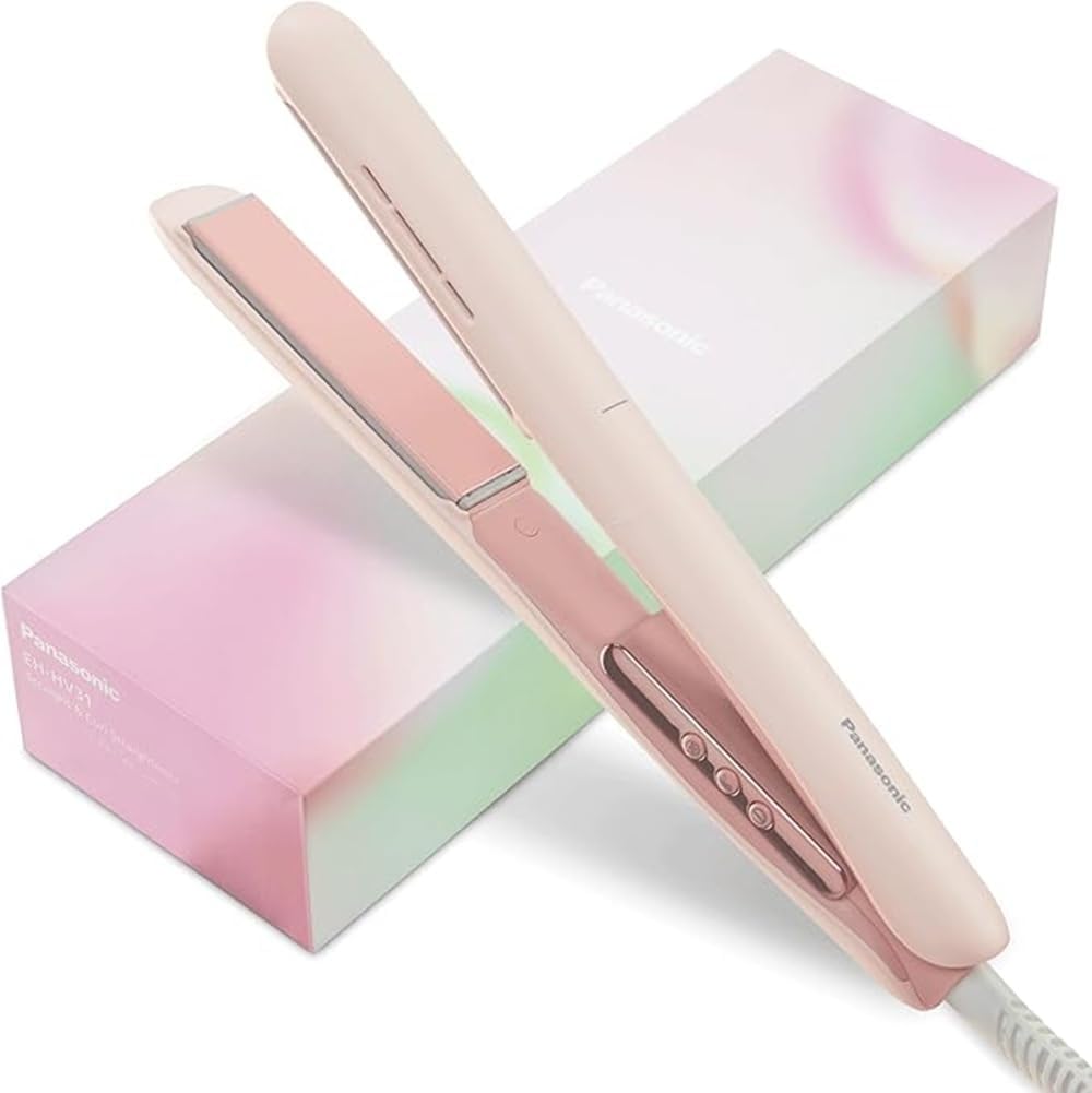 Panasonic Hair Straightener in Strawberry Pink, Instant Heat 185°C, 6 Heat Settings, Ceramic Floating Plates, LED Display, Anti-Burn Design, 2.7m Cord, Auto Shut-Off and Lockable (EH-HV31-P541)