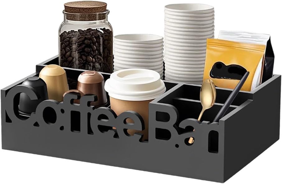 Coffee Bar Organizer for Countertop, Wooden Multi-compartment Storage, Coffee Storage Station, Coffees Pods Holder, Condiment Storage Caddy for K-Cups, Tea Bags, Syrups