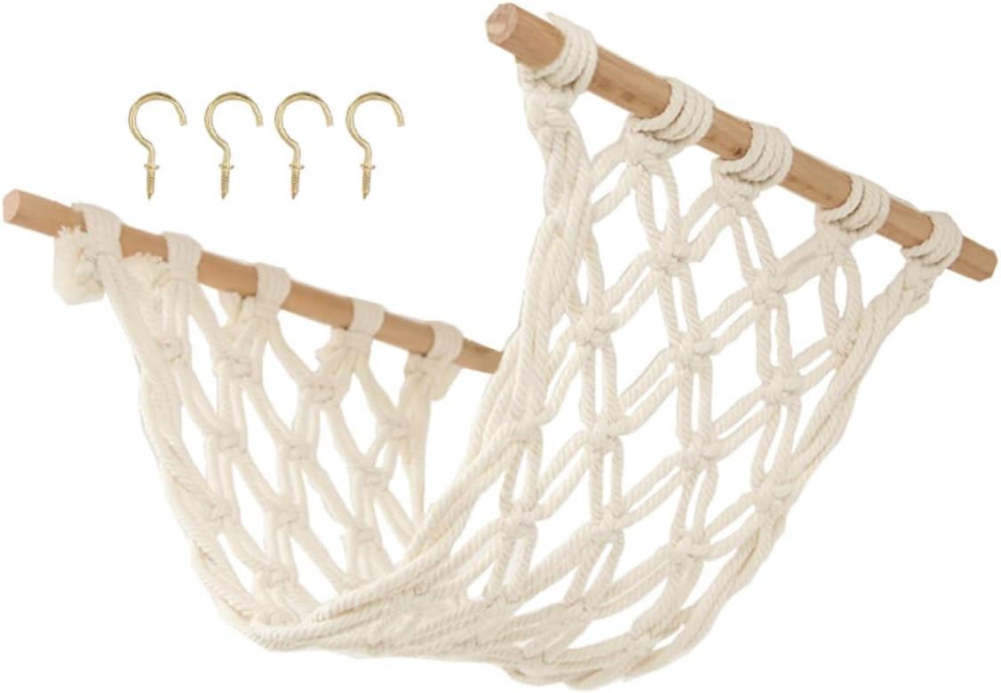 Handwoven Fruit and Vegetable Hanging Hammock with Beech Wood and Cotton Rope for Kitchen and Home Use