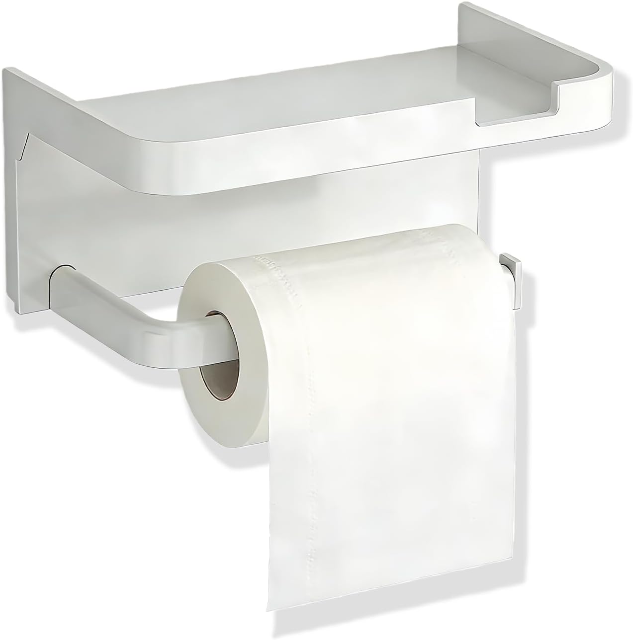 No-Drilling Toilet Roll Holder with Shelf, Wall-Mounted Toilet Paper Holders ABS Bathroom Toilet Roll Storage Organizer for Phone & Aromatherapy, White