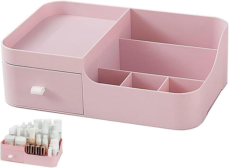 Makeup Organisers Drawer, Plastic Cosmetic Case Storage, 1 Tier Desk Organiser Display, Jewellery Organiser Box for Bathroom, Bedroom and Home Office, Pink (Small)