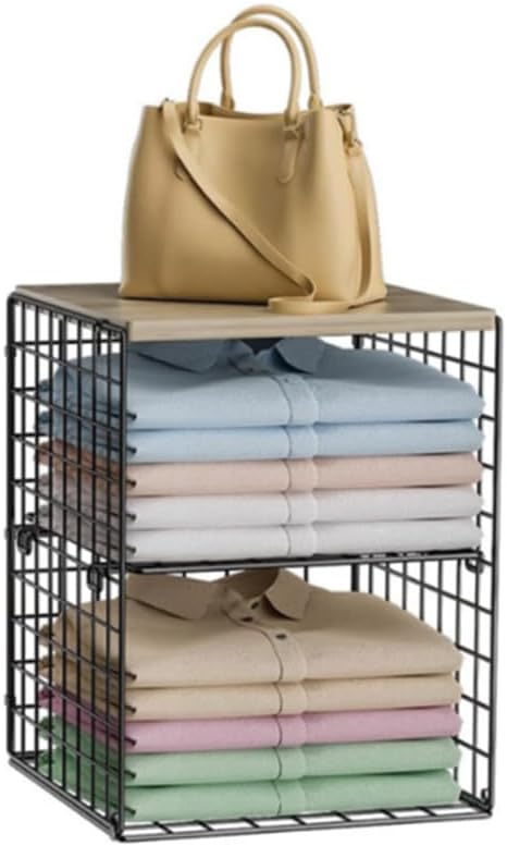 Stackable Closet Organizers and Storage, Storage Rack with Wooden Boards, Simple and Practical, Suitable for Wardrobe Container Organization