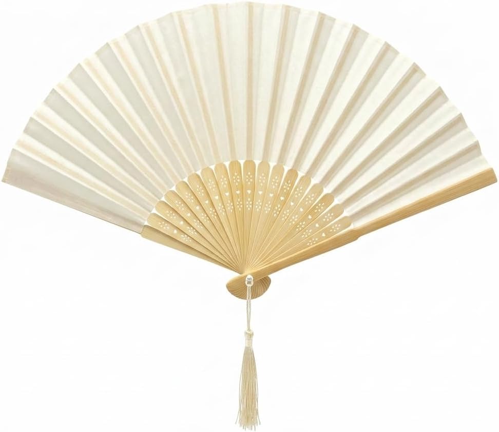 Fabric Handheld Folding Hand Fan With a Tassel Grade A Bamboo Ribs for Women Girls Summer Party Event Favor Birthday Wedding Souvenir Gift (Off White)
