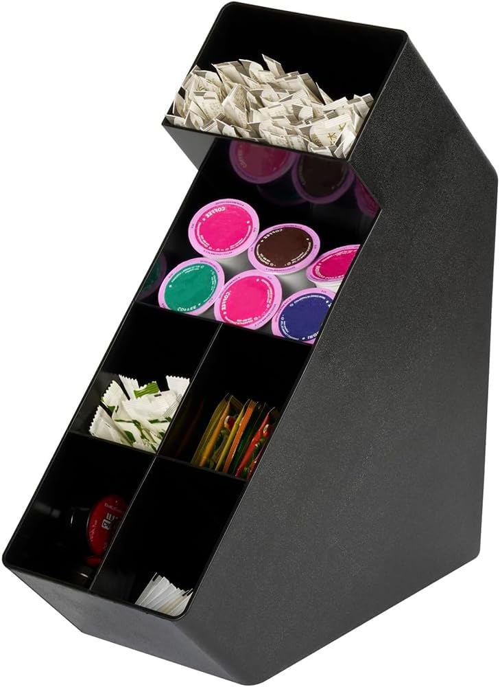 Coffee Bar Organizer, 6-Compartment Durable Condiment Rack, Compact Black Plastic Countertop Organizer, Suitable for Home, Office, Lounge, Living Room and Coffee Station Storage Accessories