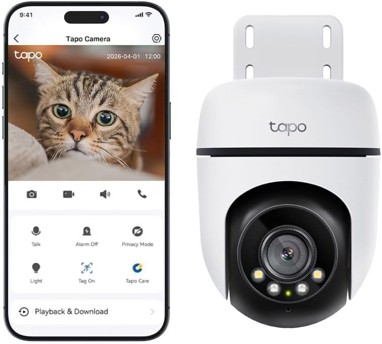 Tapo TP-Link Outdoor Security Wi-Fi Camera, 2K, Full-Colour Night Vision, 24/7, 360°, Free AI Tracking, Smart Motion Detection, IP65, Sound & Light Alarm, microSD Card Slot (Tapo C510W)