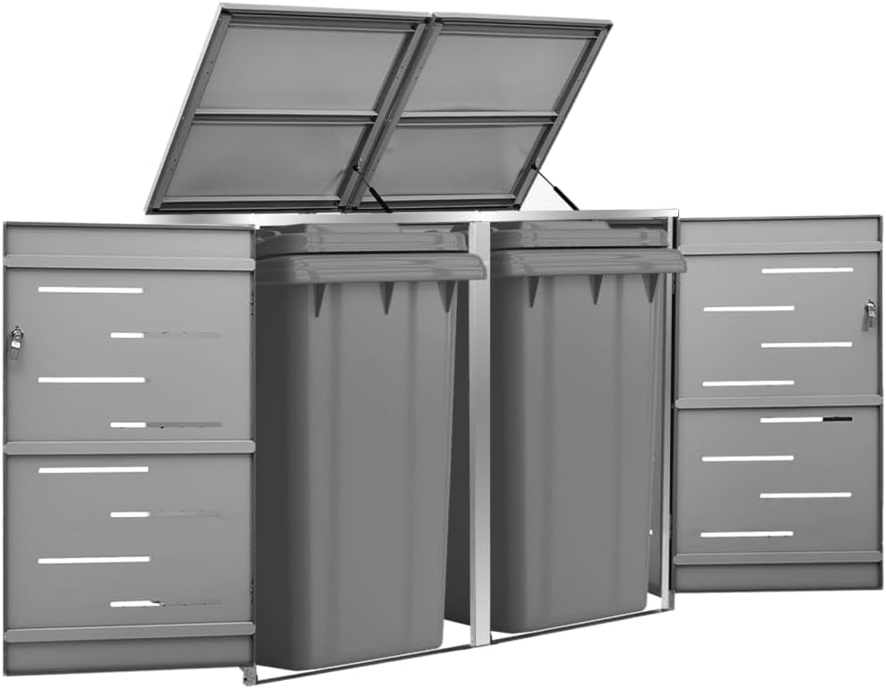 Double Wheelie Bin Shed Stainless Steel Frame Galvanised Steel Panel 138x77.5x112.5 cm Lockable Outdoor Garden Storage Organizer with Lid Ventilation and Anti-Rust Design for Patio Yard