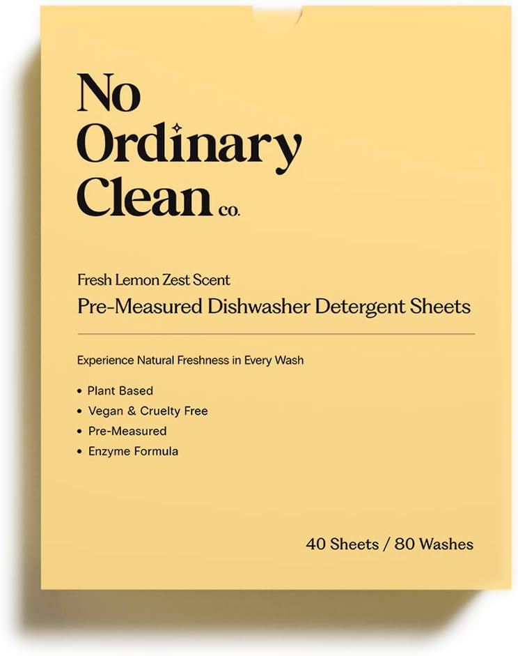 No Ordinary Clean Co Dishwasher Sheets - Pre-Measured Detergent Sheets, Plant-Based, Eco-Friendly, Phosphate and Chlorine Bleach Free - Lemon Zest Scent - Up to 80 Washes