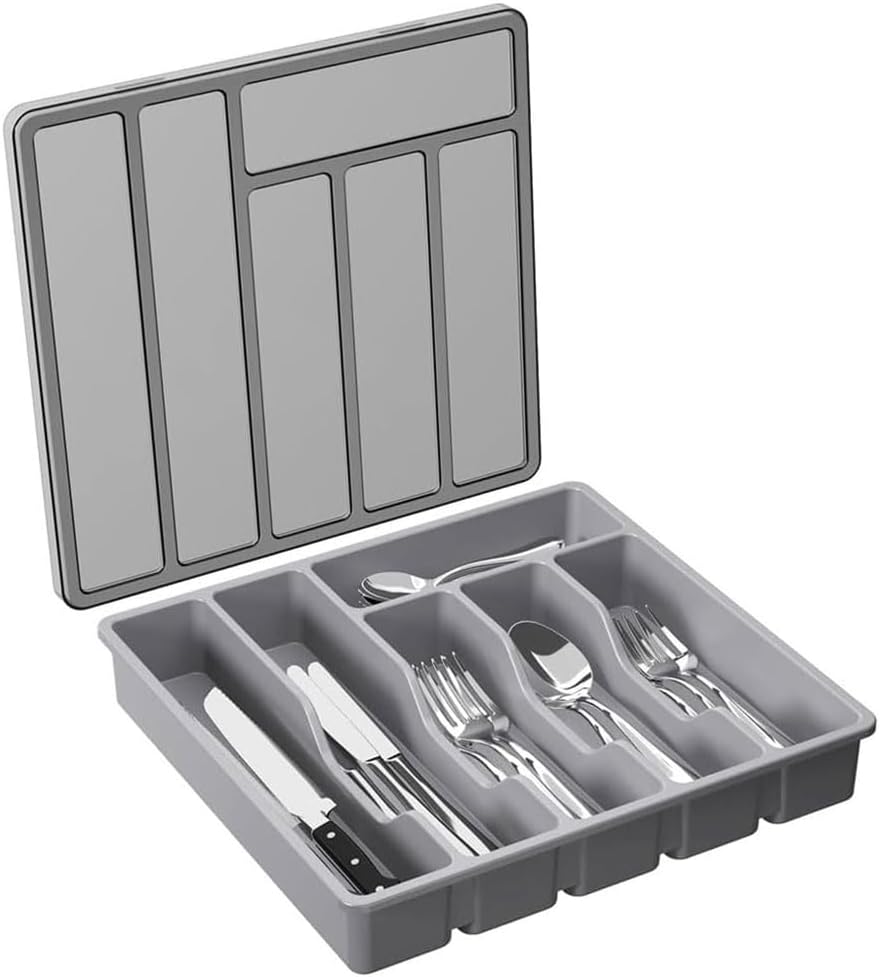 Silverware Organizer with Lid, 6 Compartments Flatware Organizer, Dustproof Cutlery Storage Tray for Kitchen Drawer Countertop Gray 32.3x30.3x5.5CM