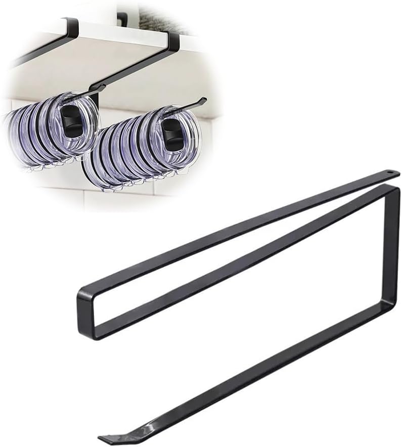 Kitchen Paper Towel and Cup Lid Organizer, Under Cabinet Storage Hook, Black Glass, Space Saving Design