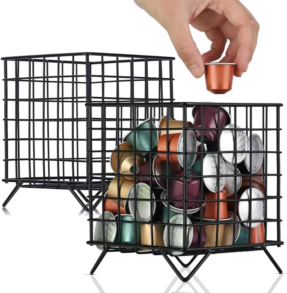 2 Pack Coffee Pod Holder, Square Wire K Cup Holder, Coffee Pod Storage Basket for Kitchen Countertop, Office Coffee Tea Bags and Sugar Packets, Food Storage Rack Organizer Basket