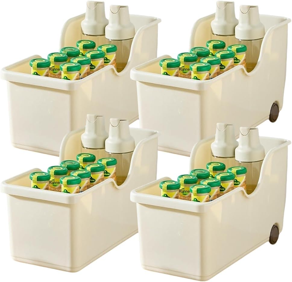 4 Pack Storage Container Organizer Bin with Wheels, U-Shaped Card slot Kitchen Cabinet Storage Box for Home, Office, Laundry Room, Countertops & Under Sink Multi-Functional Organizer
