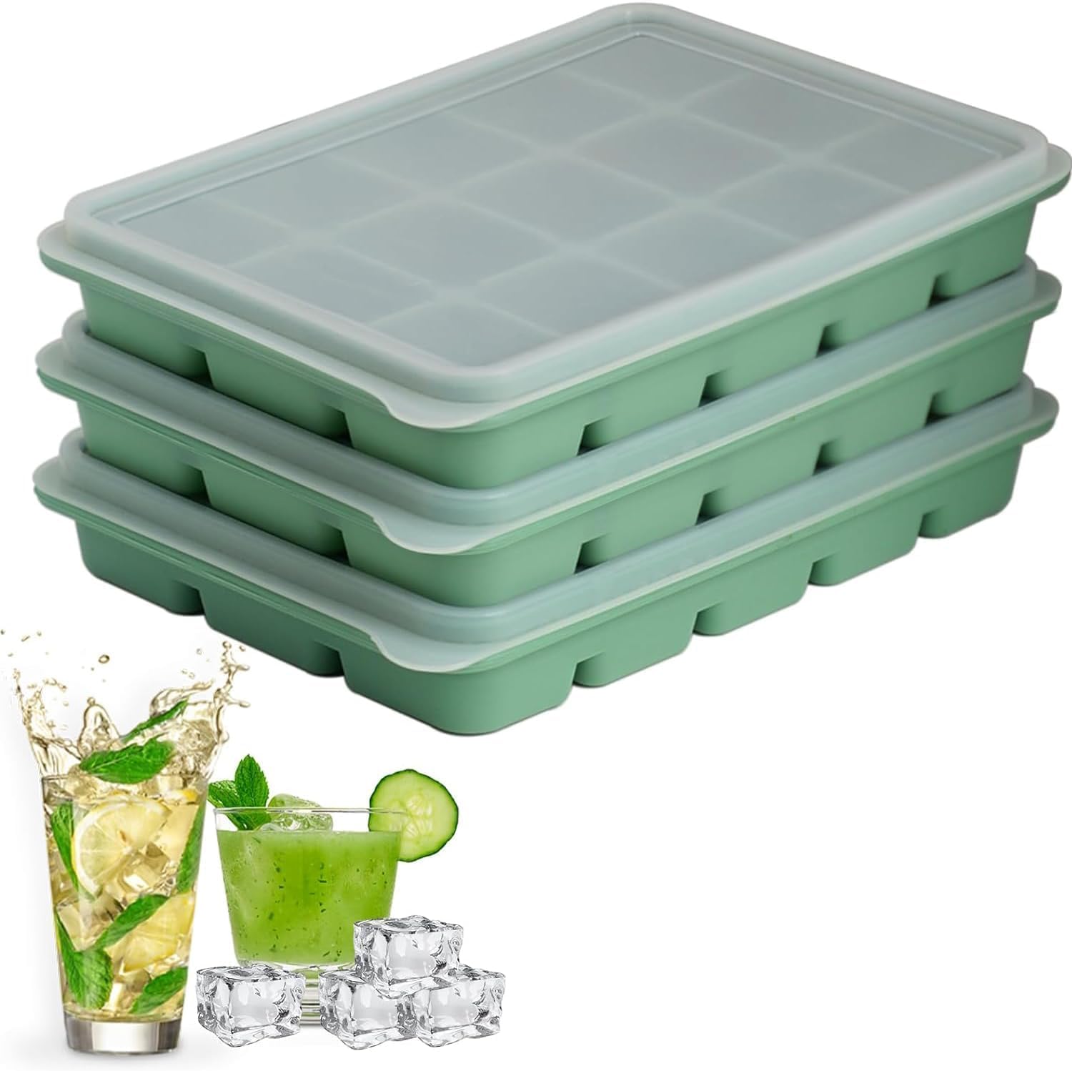 Boosen Silicone Ice Cube Trays with Lids (Set of 3), 45 Count, Easy Release Flexible Moulds, BPA-Free Food-Grade Silicone, Stackable Freezer Tray for Whiskey, Cocktails & Food (Green)