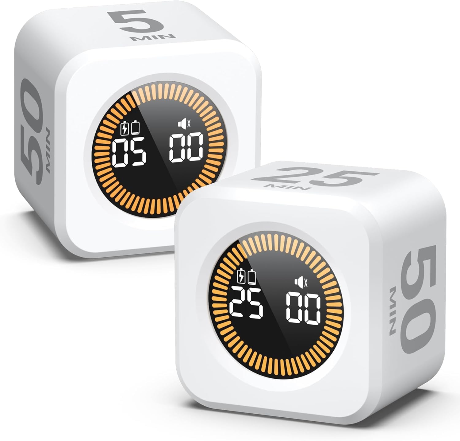 2 Pack- KADAMS Pomodoro Timer Visual - Productivity Cube, 5/10/25/50 Min Countdown Countup, Silent – Ideal for Work Study Cook Workout Kitchen School Classroom Office Kids Gift (2 White)