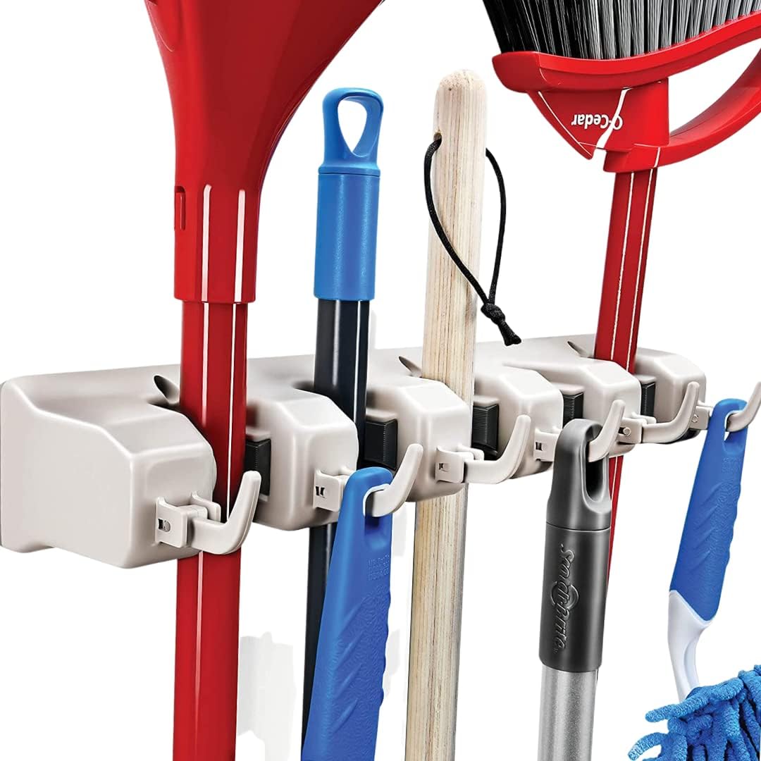 Home-it It Mop and Broom Holder, 5 Position with 6 Hooks Garage Storage Holds up to 11 Tools, Storage Solutions for Broom Holders, Garage Storage Systems Broom Organizer for Garage Shelving Ideas