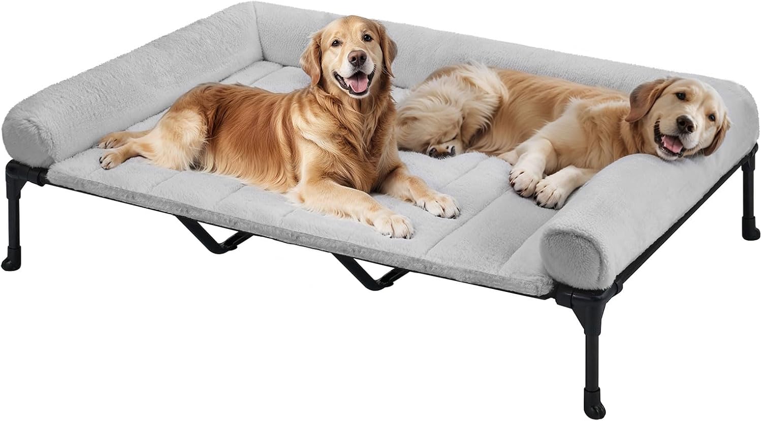 Veehoo Elevated Large Dog Bed + Removable Fluffy Plush Pillow Cushion, Raised Dog Couch Bed with Washable Bolster Mat, Breathable Teslin Mesh, No-Slip Feet, 150 x 95 cm, Grey