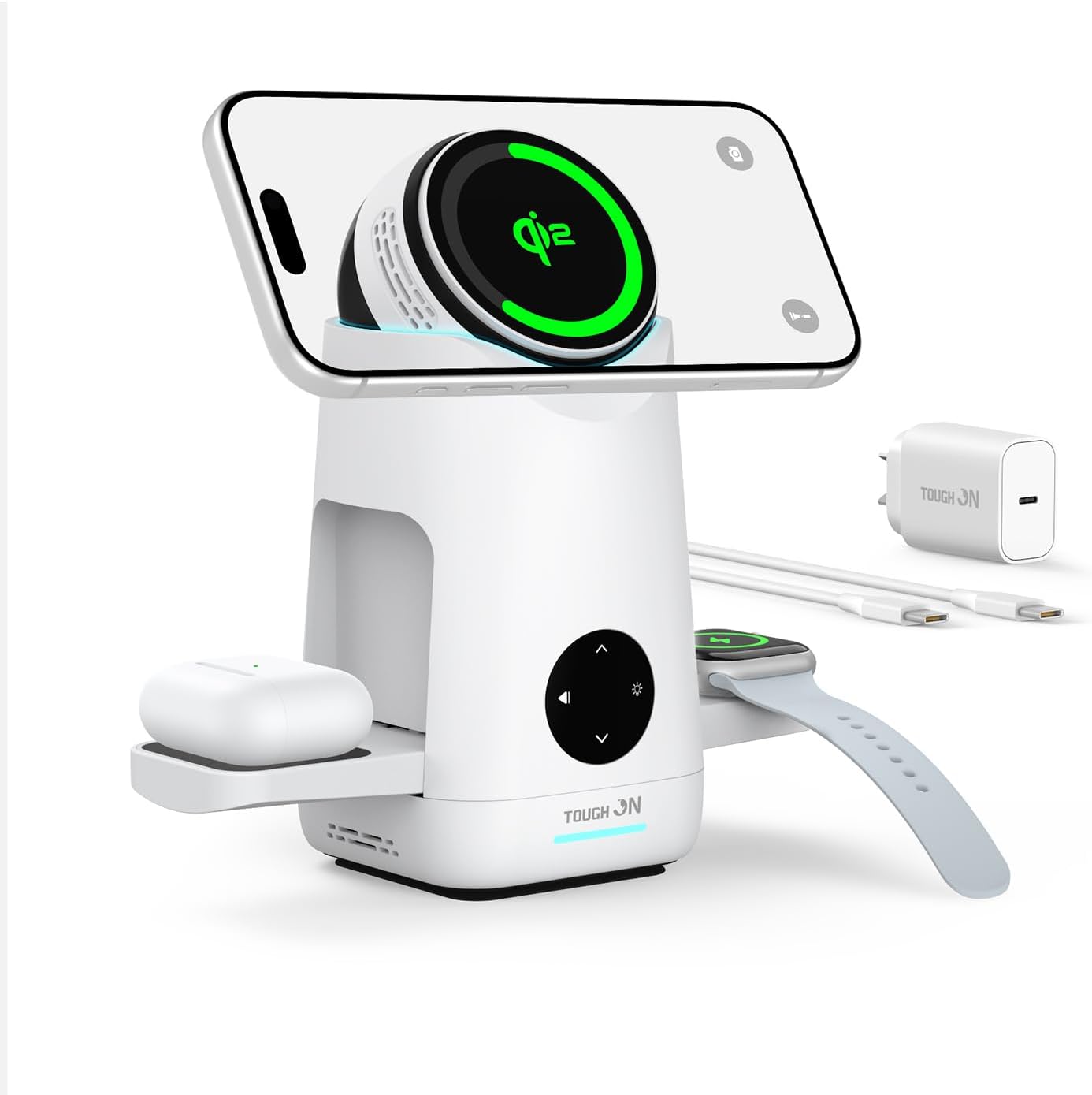 TOUGH ON MagMax 3 in 1 Wireless Charger, Qi2 15W Fast Charging Station with Gesture-Controlled Rotation, MagSafe-Compatible Stand for iPhone 17/16/15, Apple Watch, AirPods, Samsung Galaxy S25 Series