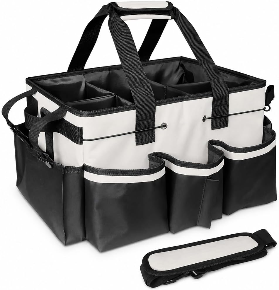 Heavy Duty Cleaning Caddy Bag with Shoulder Strap, 600D Oxford Cleaning Supplies Organizer with Built-in Trash Bag Dispenser & 5 Adjustable Dividers, Foldable Storage Tote for Home, Car & Garden