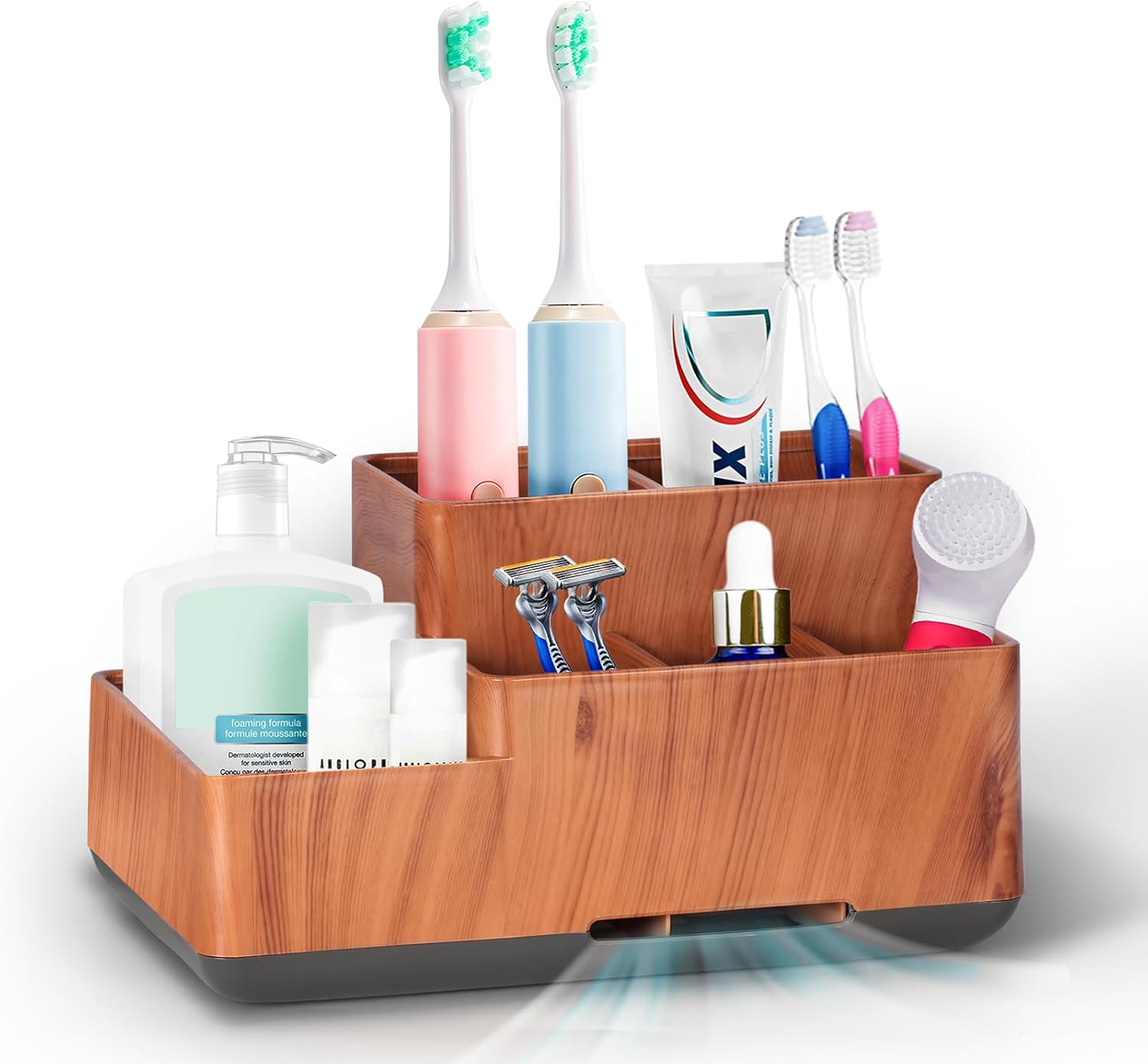 Toothbrush Holder, Bathroom Organizers Countertop, 6 Compartments Multifunctional Washroom Organizer for Toothpaste, Cosmetic, Makeup, Office Stationery Pencils, Wood Grain