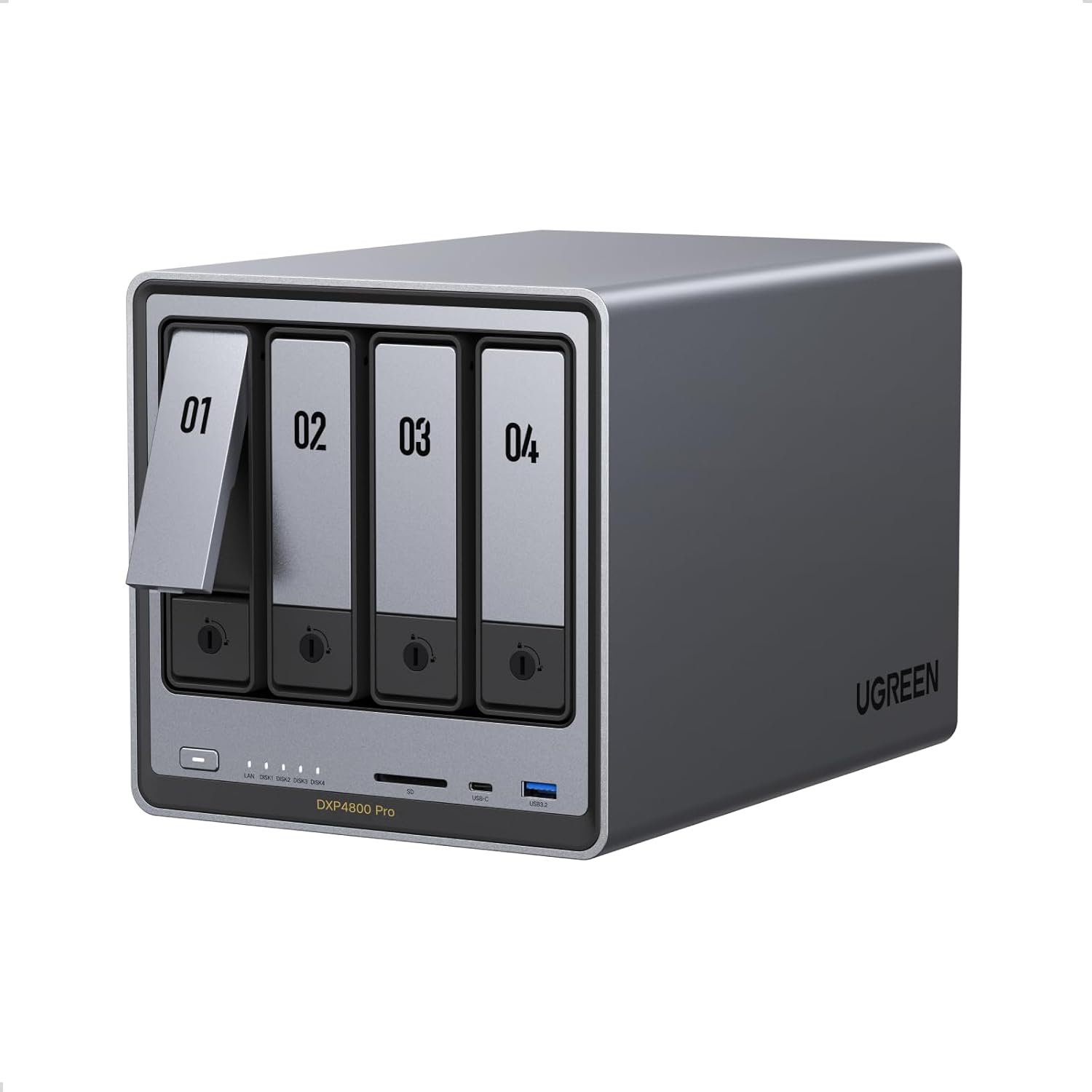 UGREEN NASync DXP4800 Pro 4-Bay Desktop Network Attached Storage, Intel Core i3-1315U 6-Core CPU, 8GB DDR5 RAM, Built-in 128GB SSD, 1x 10GbE, 1x 2.5GbE, 2X M.2 NVMe Slots, 4K HDMI (Diskless)