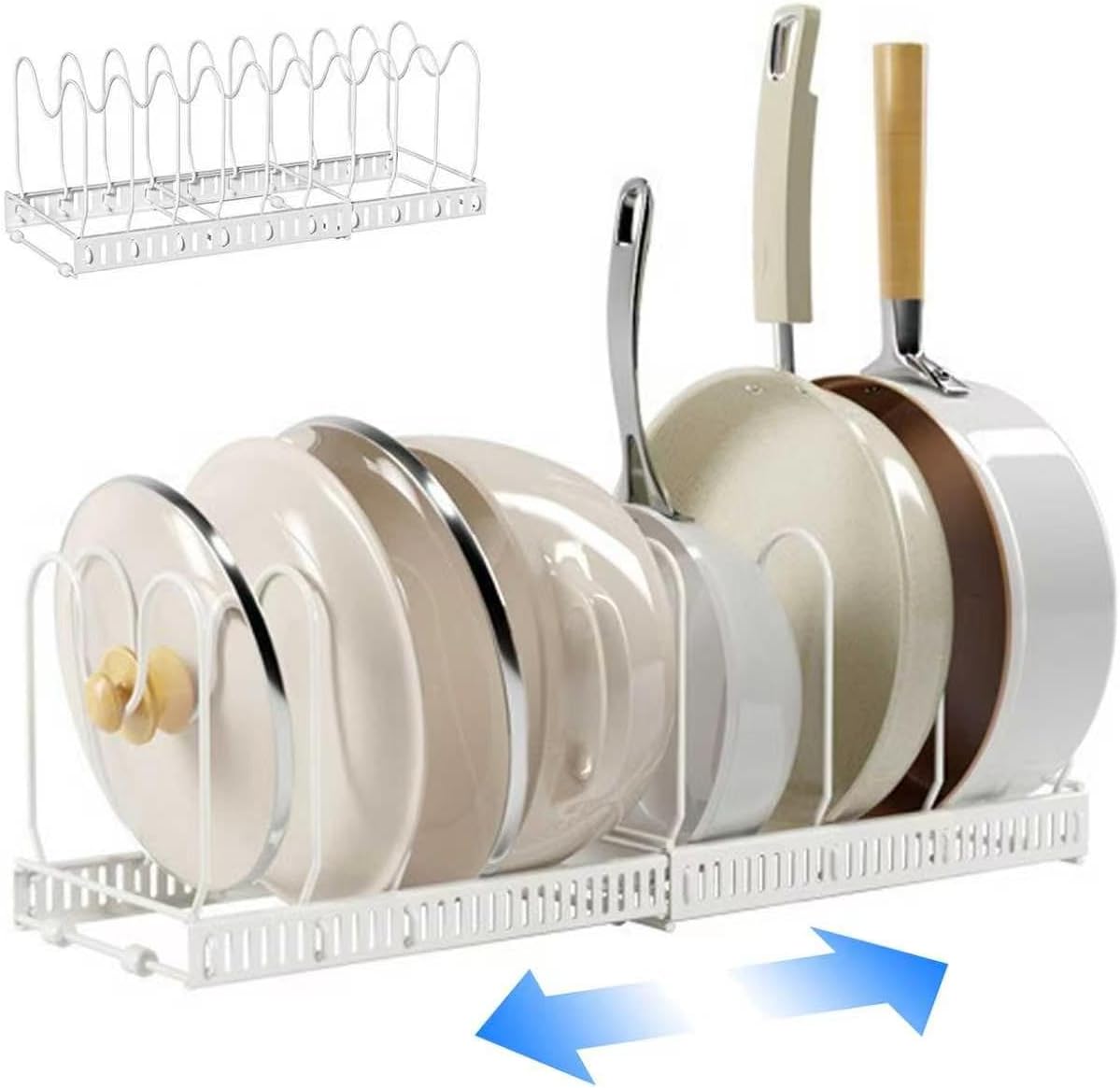 Expandable Pans Organizer Rack,Pans and Pots Organizer with 10 Adjustable Compartments, Cookware Holder for Pantry or Cabinet (white)