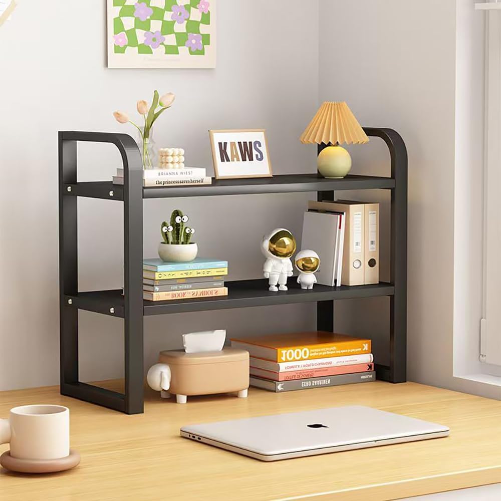 Hbluefat Desktop Organizer Shelf, 2-Tier Adjustable Desk Bookshelf, Tabletop Small Wood Bookcase, Multipurpose Display Storage Rack for Home Office (Black+Black)