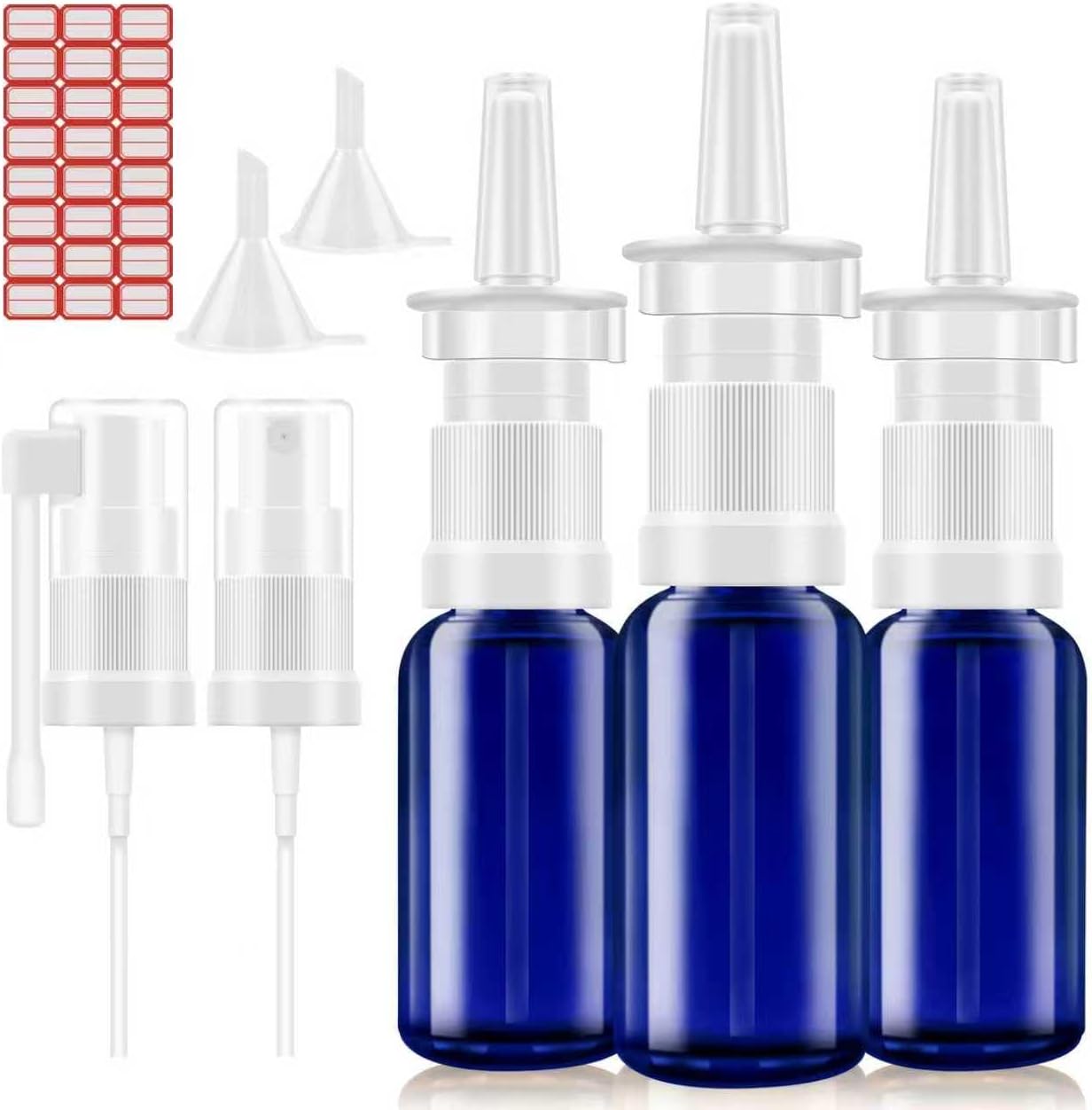 Nasal Spray Bottle, 3 Pcs 30ML/1oz Glass Refillable Continuous Fine Mister Spray Bottles, Travel Sized Empty Nasal Sprayer with Sprayers, Funnels and Labels(Blue)