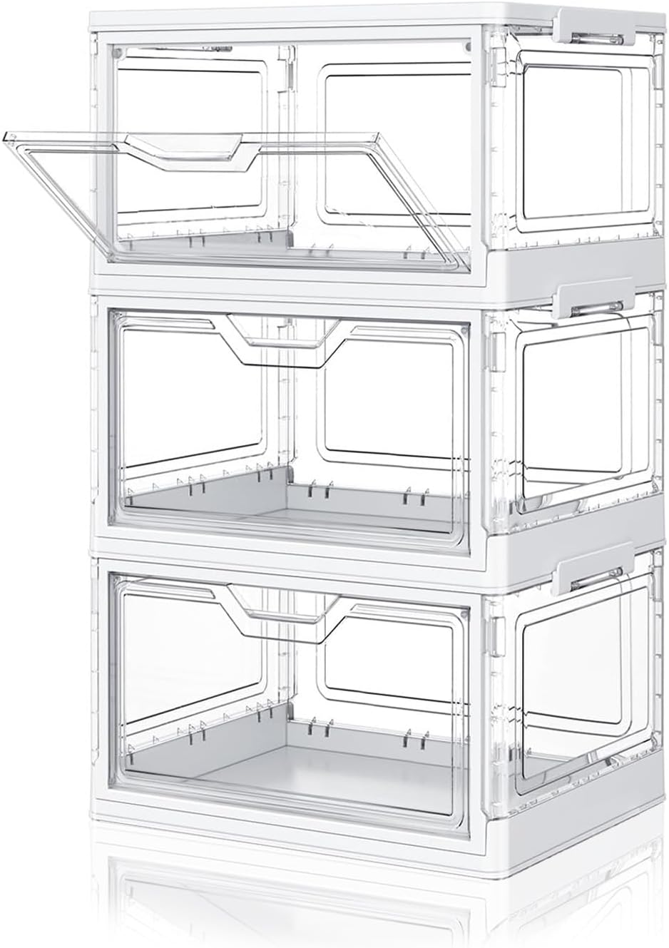 Clear Storage Bins with Lids, 3 Tier Stackable Plastic Bins, Collapsible & Foldable Closet Organizers for Bedroom, Living Room, Office, Toy Storage, 23 QT Magnetic Door