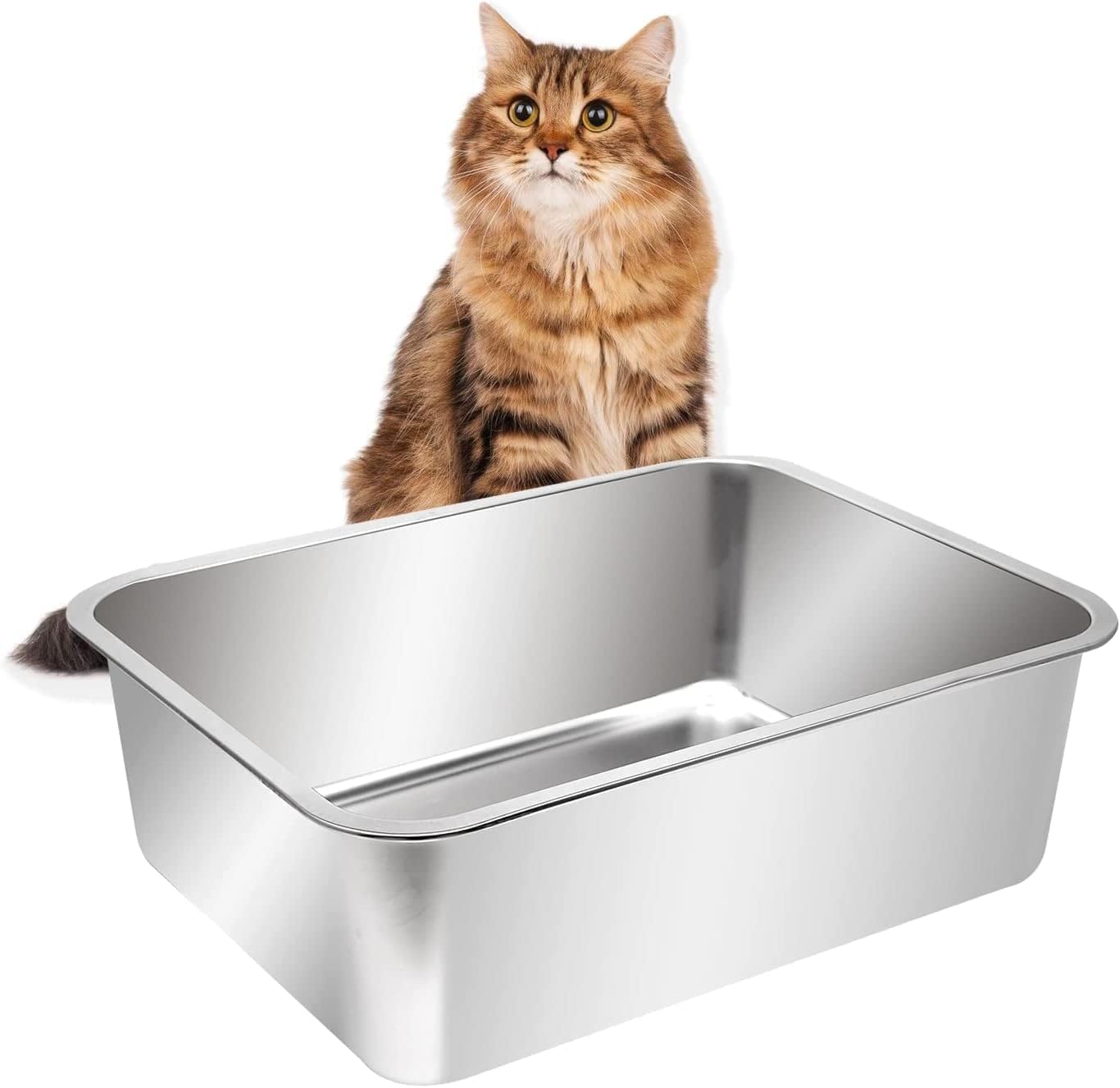 Cat Litter Box,Stainless Steel cat Litter Tray for Kitty Large or Small Cat Large or Small Cat Potty Toilet Never Absorbs Odor, Stains, or Rusts Easy Cleaning (M 45 * 35 * 15)