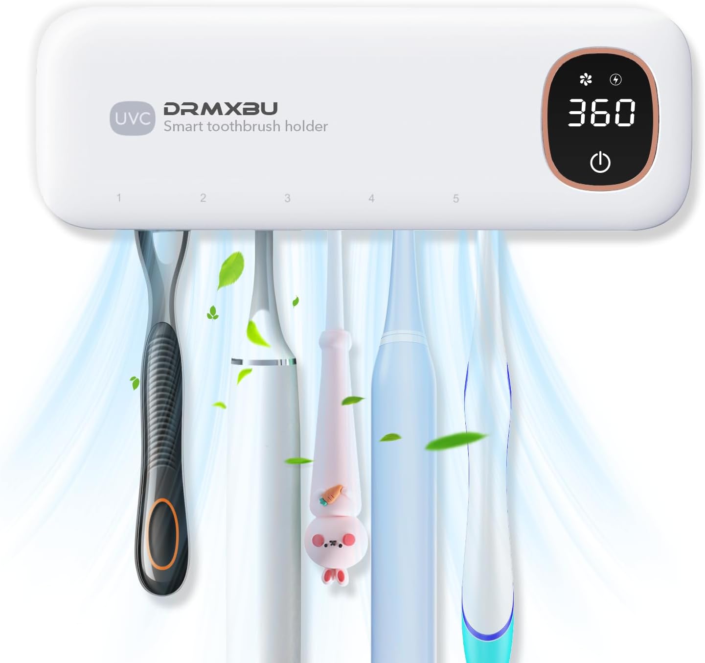 Toothbrush Holder, DRMXBU UV Electric Toothbrush Sanitizer Holder Wall Mounted for Bathroom with Light Clean Air Dry, Tooth Brush Holder with 5 Slots for Family, LED Timer Toothbrush Cleaner Case