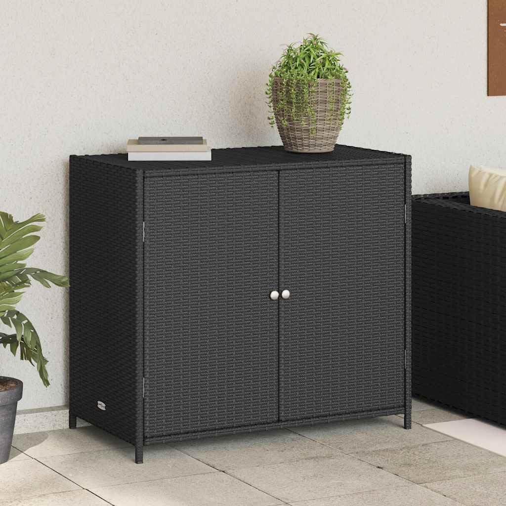 Garden Storage Cabinet Black Poly Rattan with Powder-Coated Steel Frame 83x45x76 cm Outdoor Weather Resistant Lockable Organizer for Patio Backyard Poolside