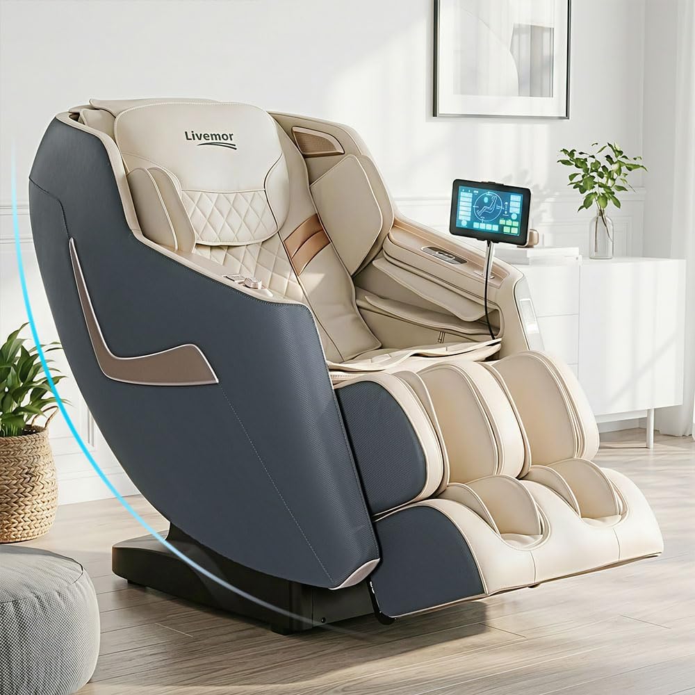 Livemor 3D Massage Chair Electric Massager Head Back, Heating Chairs, Soft PU Leather Zero Gravity Massages Kneading Relaxation Rolling Full Body Foot Massagers Reclining Machine Grey