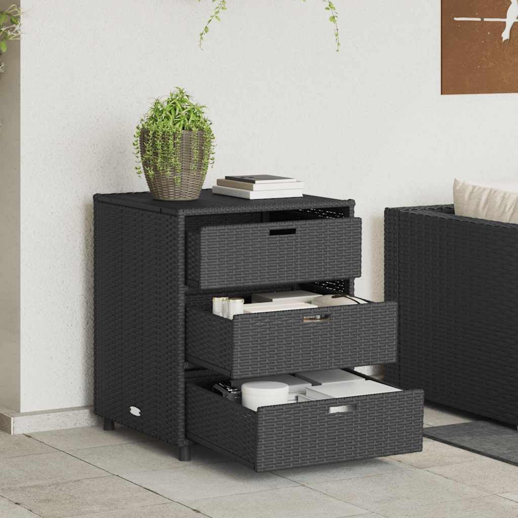 Garden Storage Cabinet Black Poly Rattan Outdoor Organizer with 3 Drawers 55x59x69 cm Weather Resistant Lockable Lid for Patio Backyard Deck Poolside