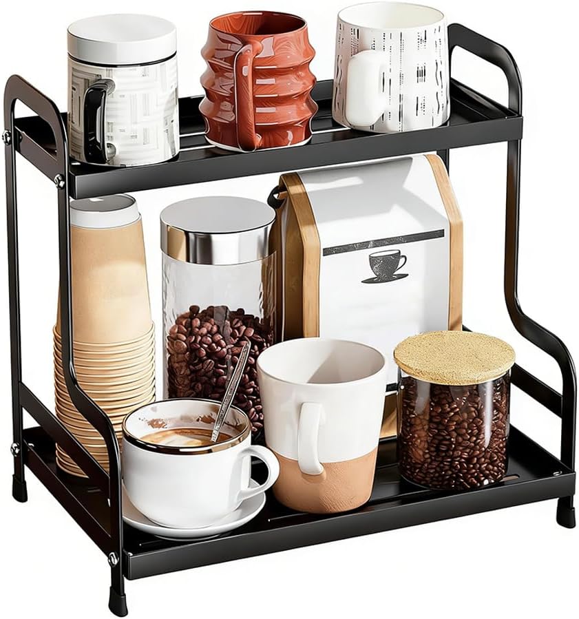 2-Tier Coffee Bar Organizer, Metal Countertop Shelf with Mug Holder, Coffee Station Accessories Storage Rack for Kitchen, Black