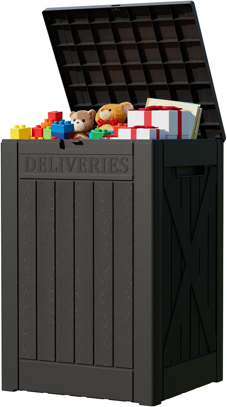 WWI Outdoor Storage Box 182L Lockable Waterproof Package Delivery Container All Weather PP Plastic Bench Parcel Drop Box Lid Porch Deck Backyard Storage Organizer (Black)