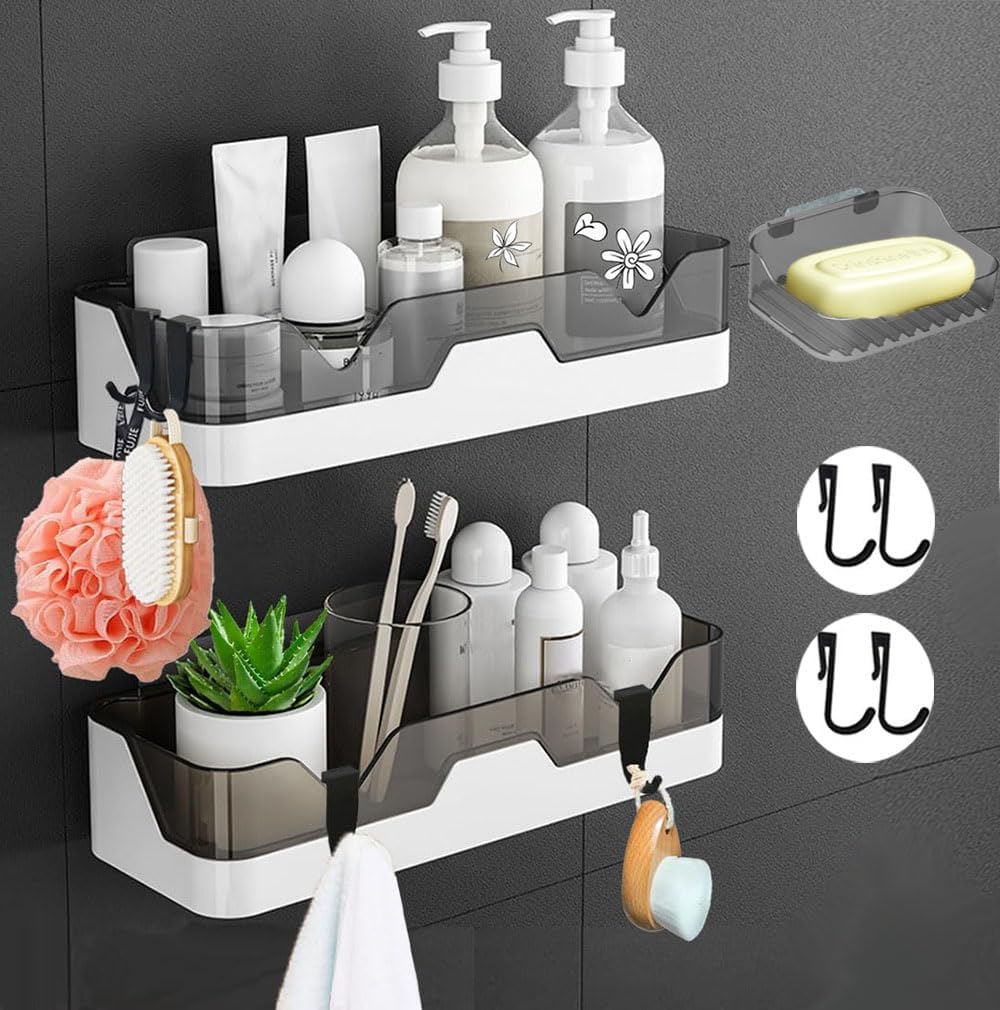 2 Pack Shower Caddy, Adhesive Shower Shelf,Drilling Free Shower Storage Rack,Wall Mount Shower Organizer Rack for Bathroom/Kitchen(with Soap Holder and 4 Hooks) | 2 Pack